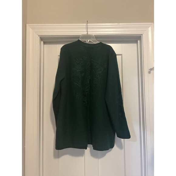 Women's Open Knit Long Cardigan Sweater Embroidered Size Medium Dark Green Wool - Picture 6 of 6